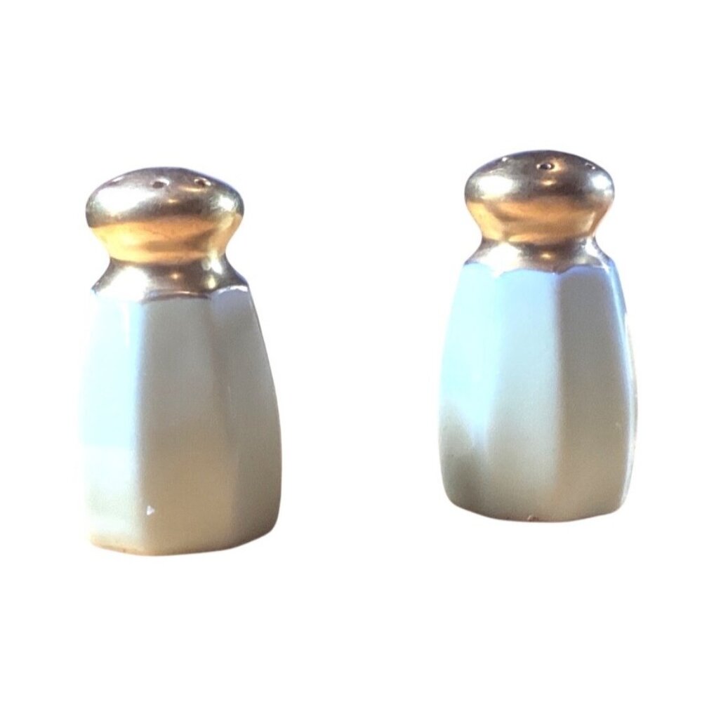 Vtg Lusterware Cream Salt & Pepper Shakers W/Gold Tops 2" Tall, 1” W Ivory Color
